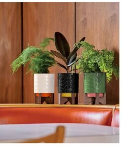 Debossed Plant Pot On Wooden Stand - Black